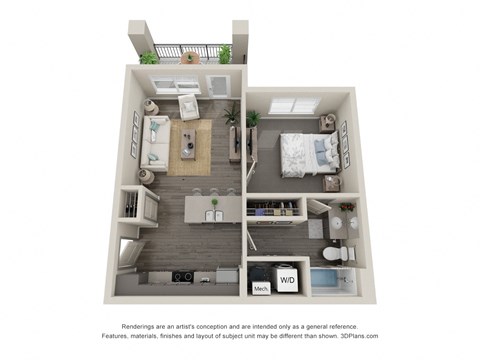 Floor plan for 1 bed, 1 bath, 634 sqft